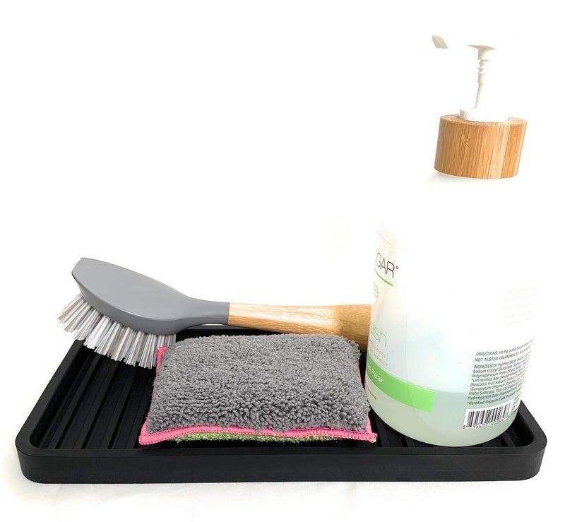 Happitasa Silicone Kitchen Sink Organizer Tray, Sponge Holder and Countertop Protector | Bathroom and Kitchen Soap Dish and Dispenser Tray (Black, 10"x5.25") - Image 2
